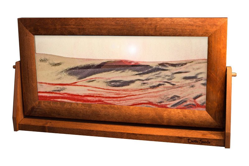 XL Moving Sand Art Picture by Exotic Sands, featuring a dark wood frame and volcanic sands suspended in clear liquid. A mesmerizing, ever-changing display for any home or office.