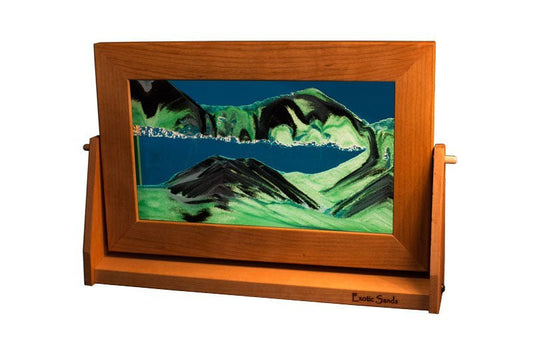 Exotic Sands falling liquid sand picture, large cherry wood frame, ocean blue liquid, handcrafted with exceptional quality. moving sand art pictures