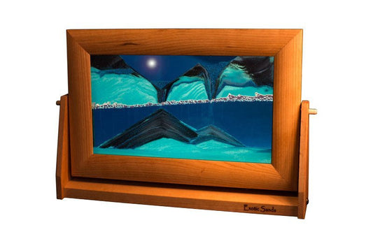 Exotic Sands falling liquid sand picture, large cherry wood frame, ocean blue liquid, handcrafted with exceptional quality.