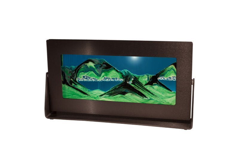 Exotic Sands kinetic art featuring mesmerizing moving sand in a sleek medium black aluminum frame with vibrant summer turquoise liquid—proudly handcrafted in the USA.