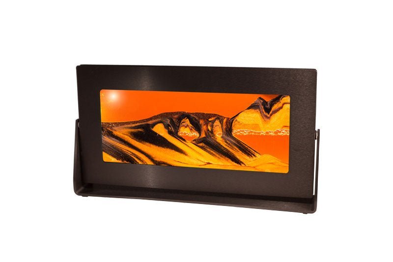 Exotic Sands kinetic art piece set in a modern medium black aluminum frame, showcasing captivating orange liquid that creates a dynamic contemporary display - handmade in America.