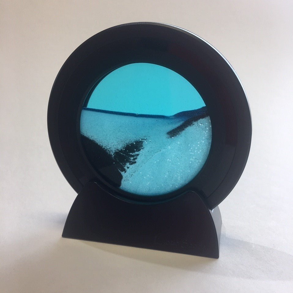 Exotic Sands - Sand Office Gifts 4 inch Round Black Plastic - Ocean Blue Liquid - Deep Sea Sand Art
