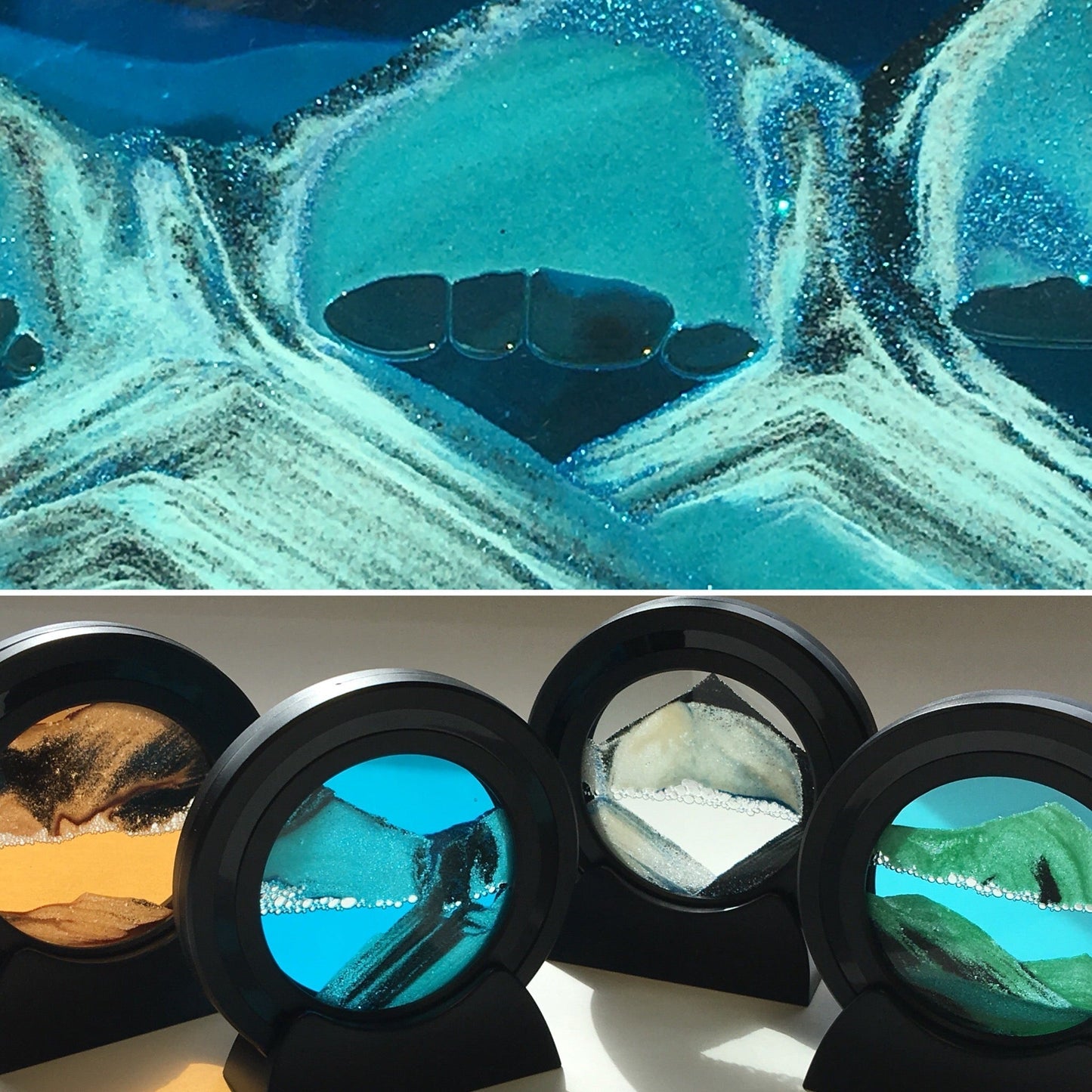 Exotic Sands - Moving Sand Art Picture 4 inch Round Black Plastic - Colorful Liquids - Desktop Toys