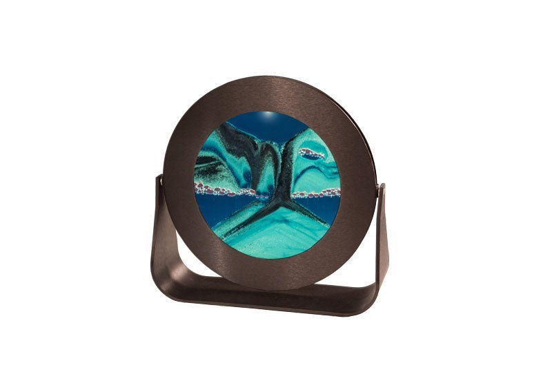 Exotic Sands - Moving Sand Art Picture - 7 Inch Round Black Aluminum Frame - Ocean Blue Liquid - Contemporary Gift