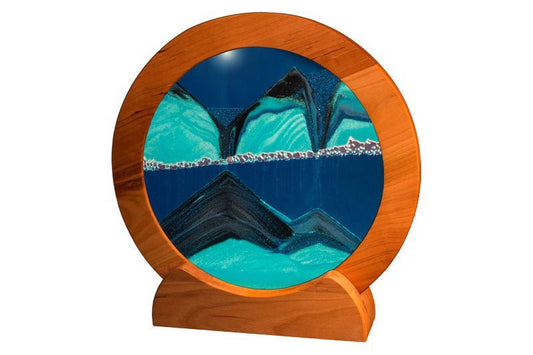 Sand art picture by Exotic Sands USA Round cherry wood frame with green sand and turquoise liquid moving sand art pictures