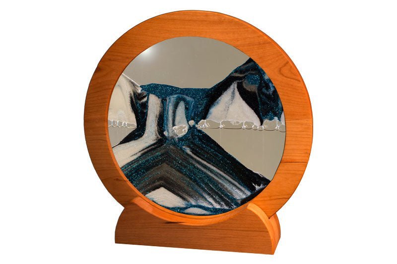 Sand art picture by Exotic Sands USA Round cherry wood frame with white sands and arctic glacier clear liquid